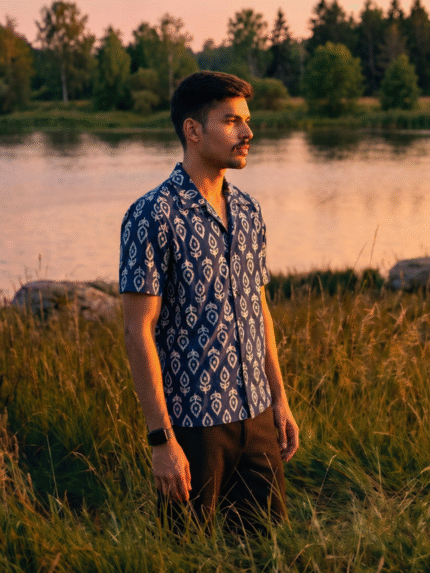 Indigo Leaf-Print Artisanal Cotton Shirt