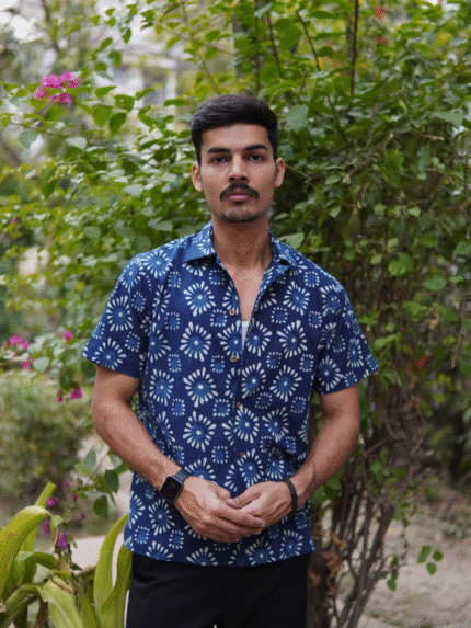 Midnight Blue Hand-Block Motif Short Sleeve Shirt